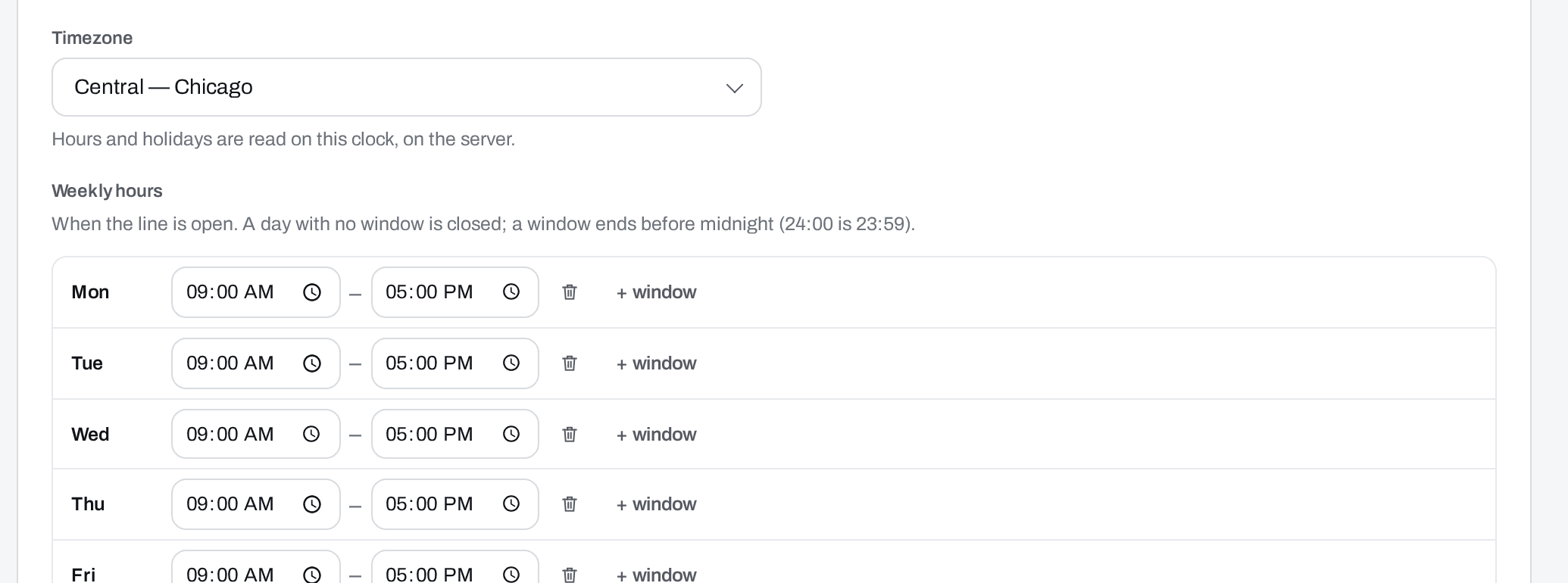 Routing editor: timezone and weekly hours for a line